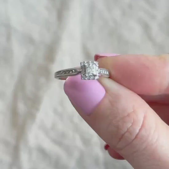 Vintage Diamond Engagement Ring, Princess Cut, 14k White Gold, 1990s Halo Bridal Ring