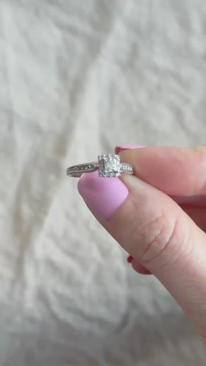 Vintage Diamond Engagement Ring, Princess Cut, 14k White Gold, 1990s Halo Bridal Ring