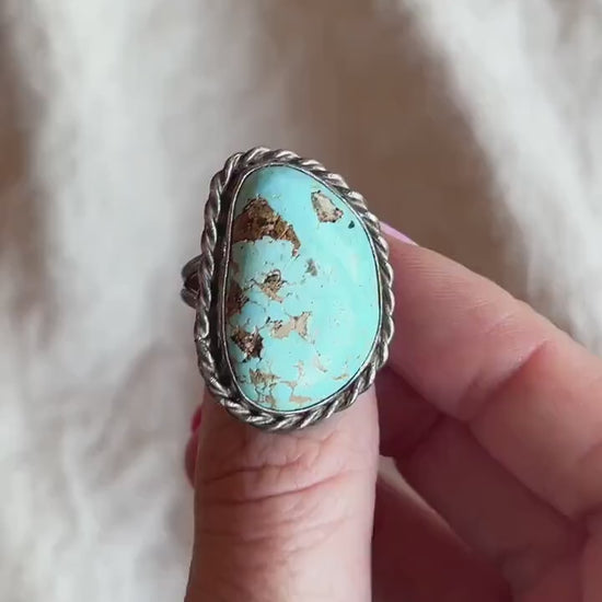 Vintage Turquoise Sterling Silver Rope Statement Ring, Southwestern Boho Jewelry