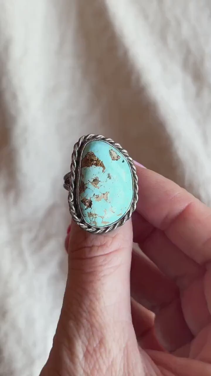 Vintage Turquoise Sterling Silver Rope Statement Ring, Southwestern Boho Jewelry