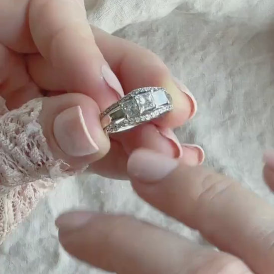 Vintage Three Stone Princess Cut Diamond Wedding Set in 14k White Gold