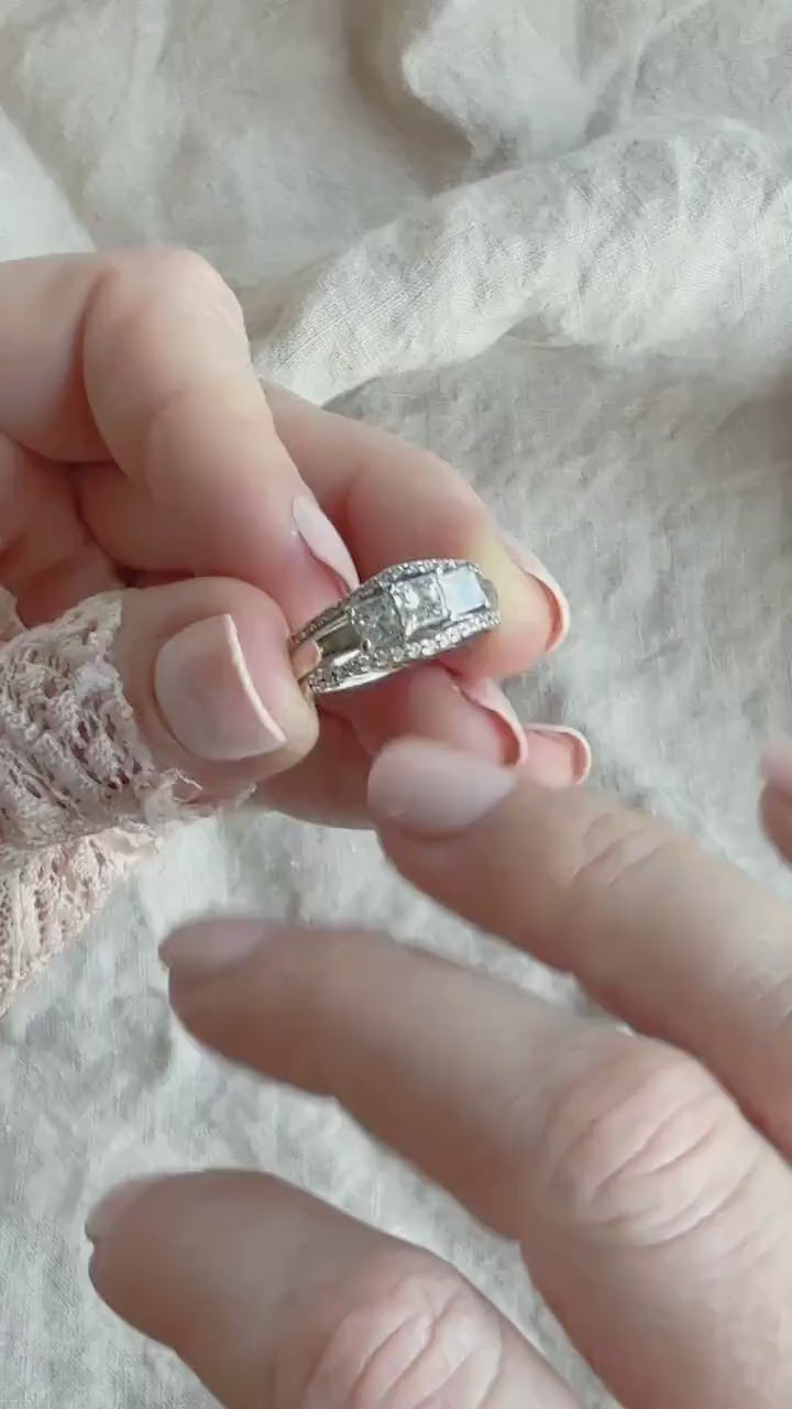 Vintage Three Stone Princess Cut Diamond Wedding Set in 14k White Gold