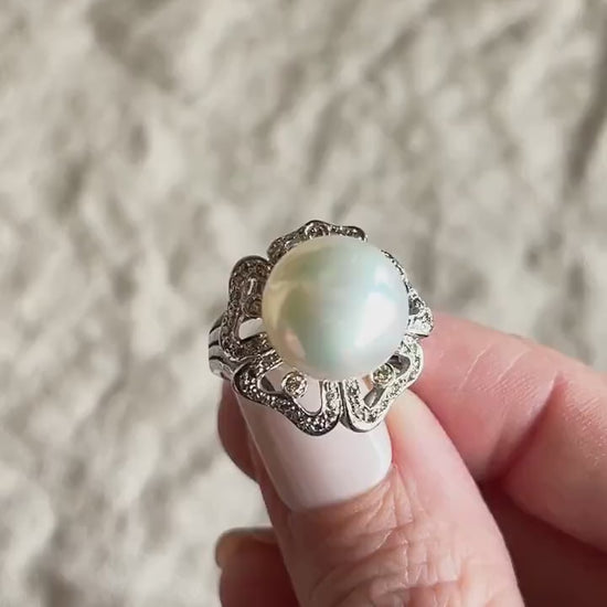 Vintage Pearl Gemstone Ring with Floral Halo in 18k White Gold