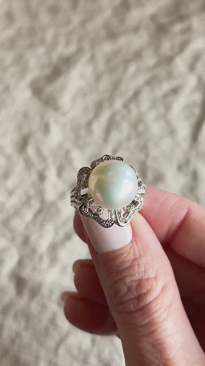 Vintage Pearl Gemstone Ring with Floral Halo in 18k White Gold