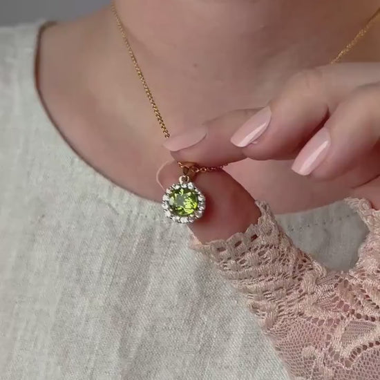 Vintage Peridot Gemstone Halo Pendant in 10k Gold