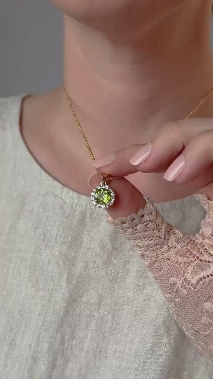 Vintage Peridot Gemstone Halo Pendant in 10k Gold