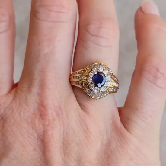 RESERVED Vintage Oval Sapphire and Diamond Halo Engagement Ring, 18k Gold, Baguette Channel Bridal Ring, Payment 5/7