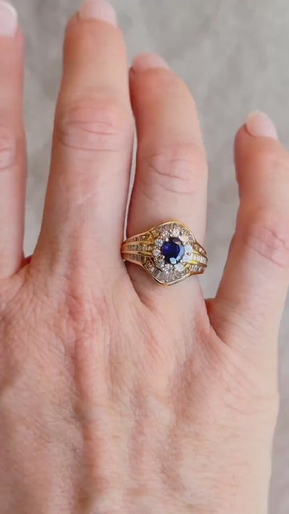 RESERVED Vintage Oval Sapphire and Diamond Halo Engagement Ring, 18k Gold, Baguette Channel Bridal Ring, Payment 5/7