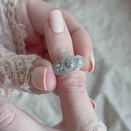 Vintage Diamond Halo Bezel Three Stone Engagement Ring in 14k White Gold - Retro 1990s Jewelry - Timeless