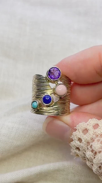 Vintage Multi-Gem Ring Sterling Silver, Modern Cluster Wide Band, Bold Everyday Ring