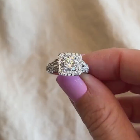 Vintage Cubic Zirconia Engagement Ring, Round Cut, Sterling Silver, 2000s Halo Bridal Ring