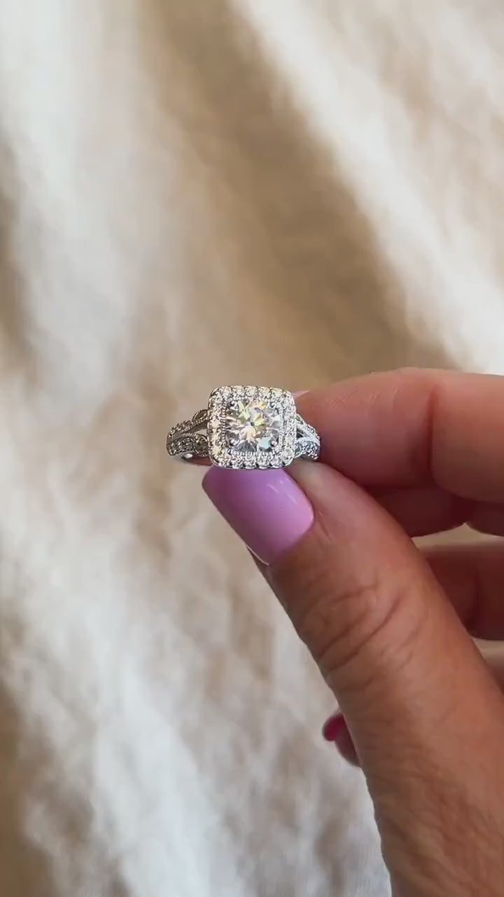 Vintage Cubic Zirconia Engagement Ring, Round Cut, Sterling Silver, 2000s Halo Bridal Ring