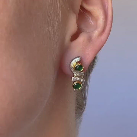 Vintage Emerald and Diamond Geometric Earrings in 18k Gold