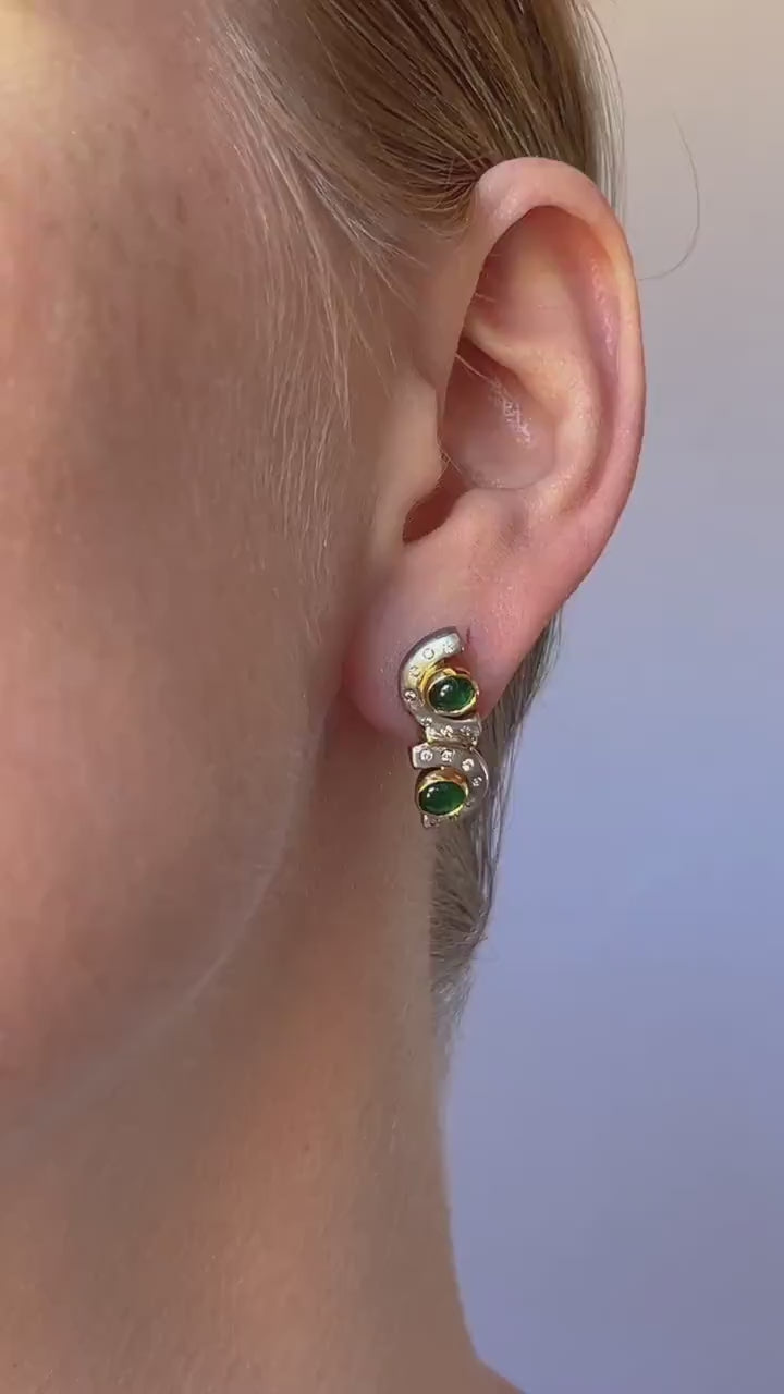 Vintage Emerald and Diamond Geometric Earrings in 18k Gold