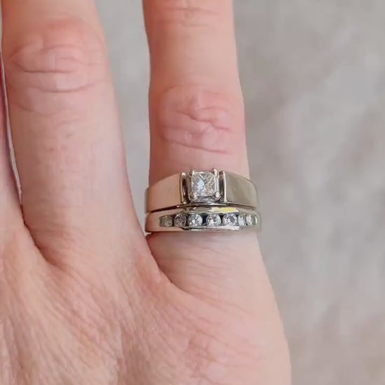 Vintage Diamond Engagement & Wedding Rings, Princess Cut, 14k White Gold, Channel Band, Bridal Set