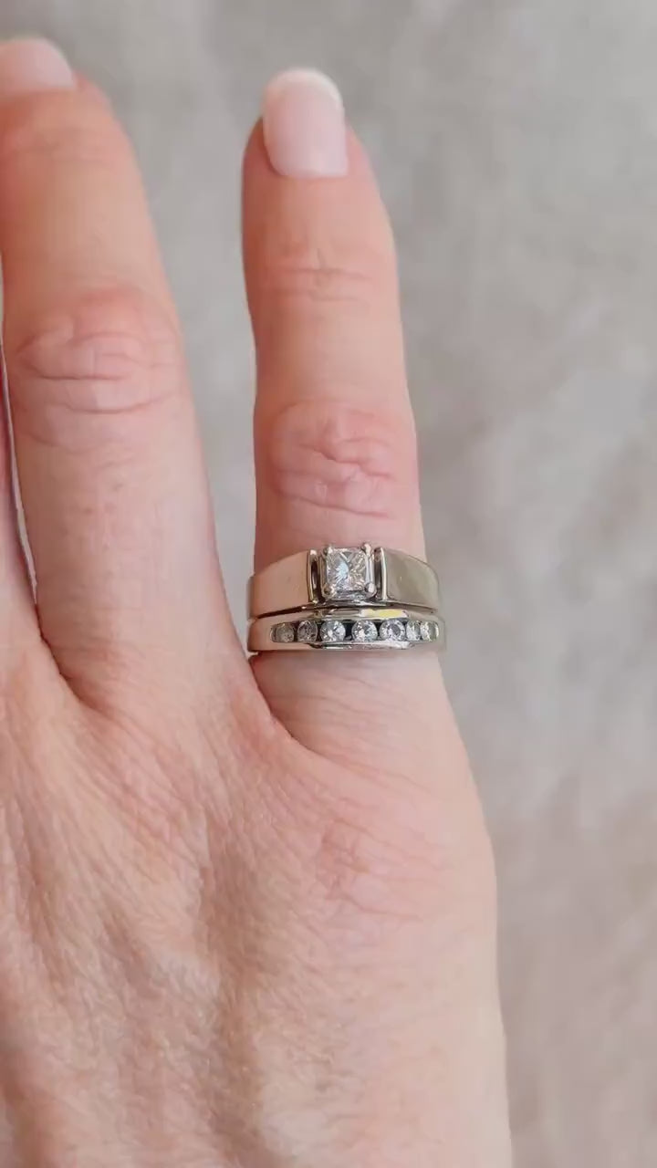 Vintage Diamond Engagement & Wedding Rings, Princess Cut, 14k White Gold, Channel Band, Bridal Set