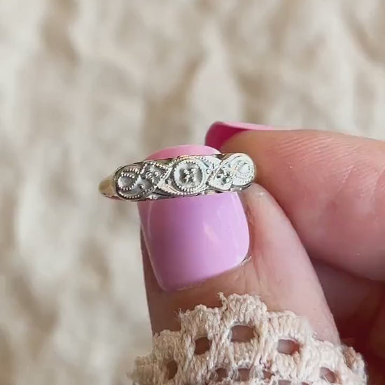 Vintage Diamond Wedding Band, 14k Gold, 1940s Art Deco Filigree Ring, Stacking Band