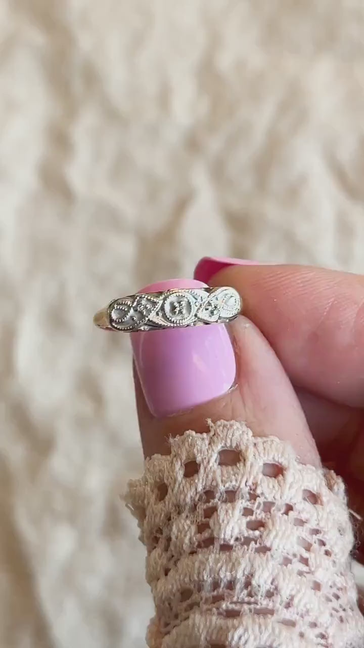 Vintage Diamond Wedding Band, 14k Gold, 1940s Art Deco Filigree Ring, Stacking Band