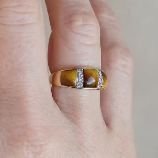 Vintage 1970s Cats Eye & Diamond Band in 10k Gold