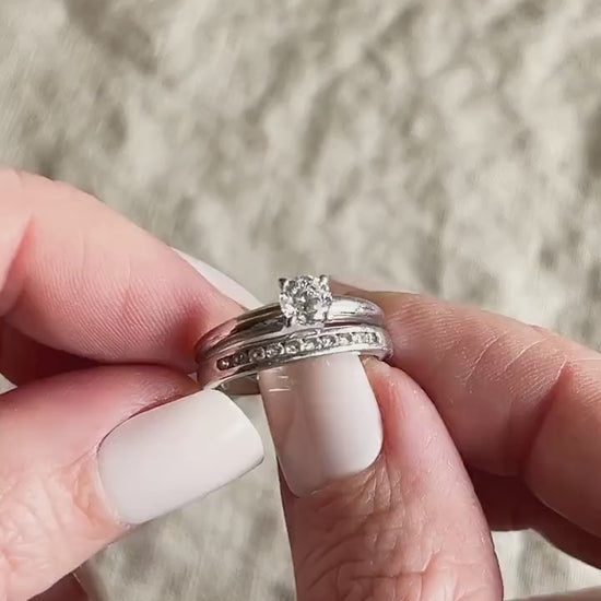 Vintage Diamond Engagement & Wedding Ring, Round Cut, Platinum, 1990s Solitaire Channel Bridal Set