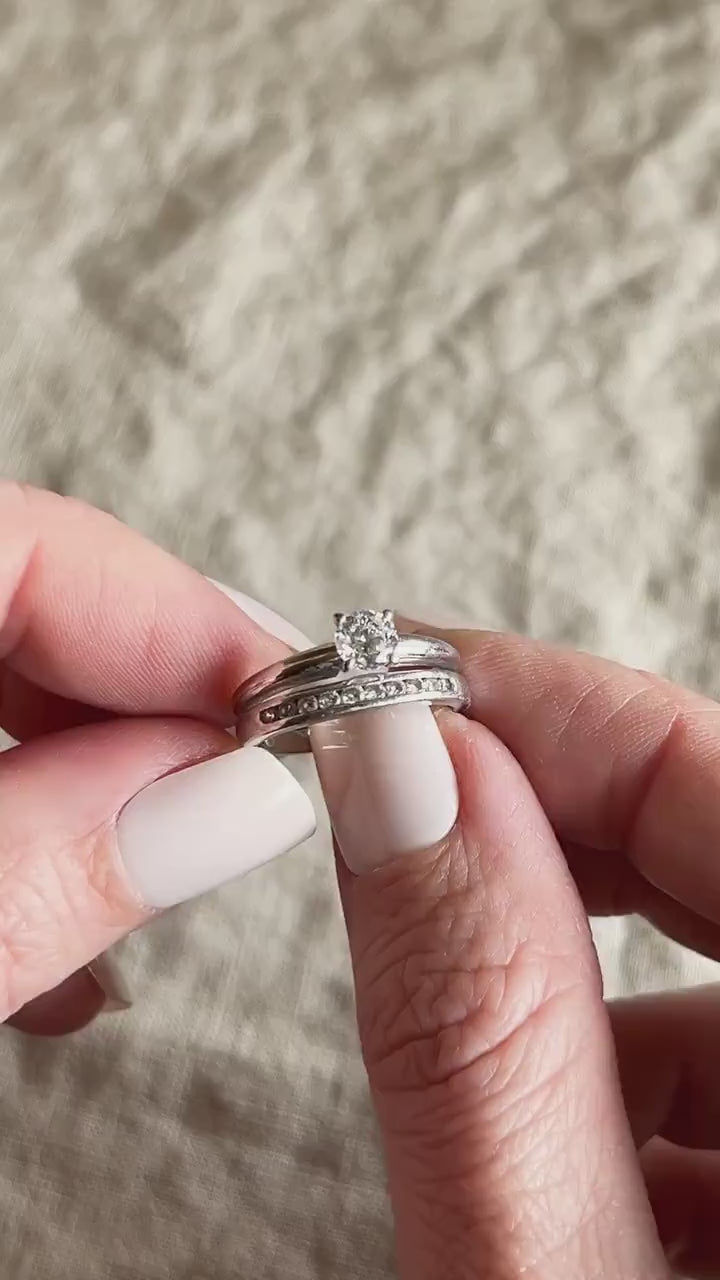 Vintage Diamond Engagement & Wedding Ring, Round Cut, Platinum, 1990s Solitaire Channel Bridal Set