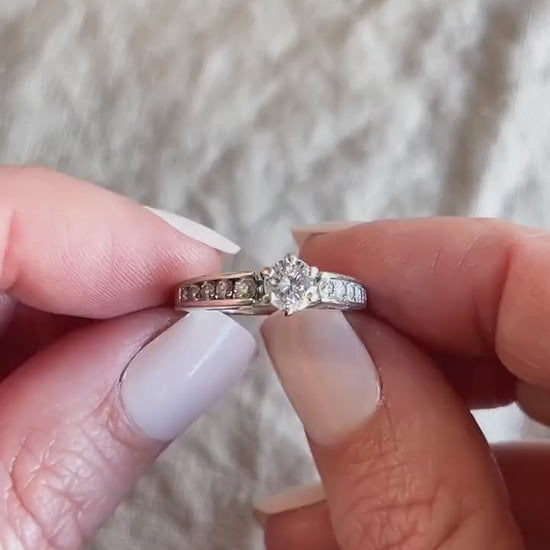Vintage Diamond Engagement Ring, Round Cut, 14k White Gold, 1990s Channel Set Cathedral