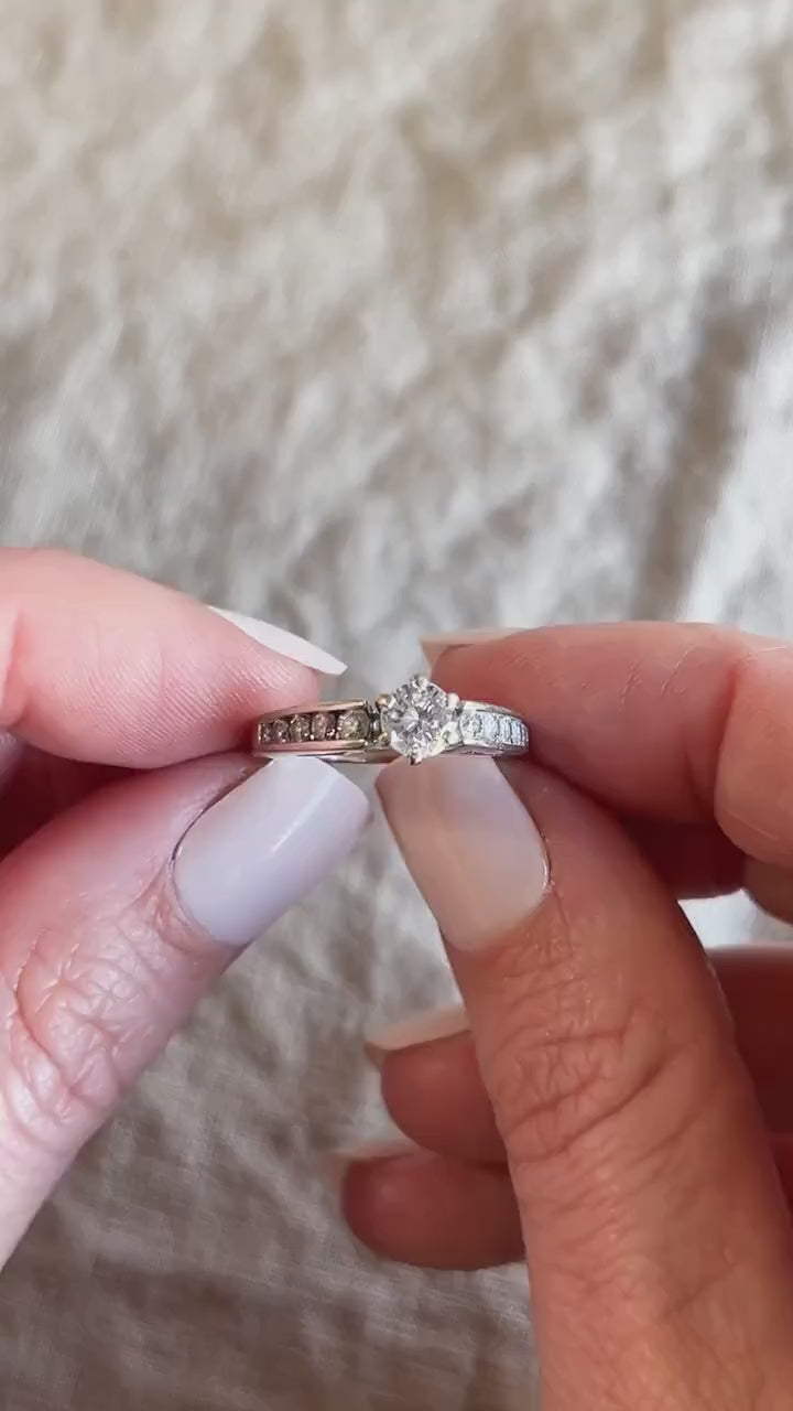 Vintage Diamond Engagement Ring, Round Cut, 14k White Gold, 1990s Channel Set Cathedral