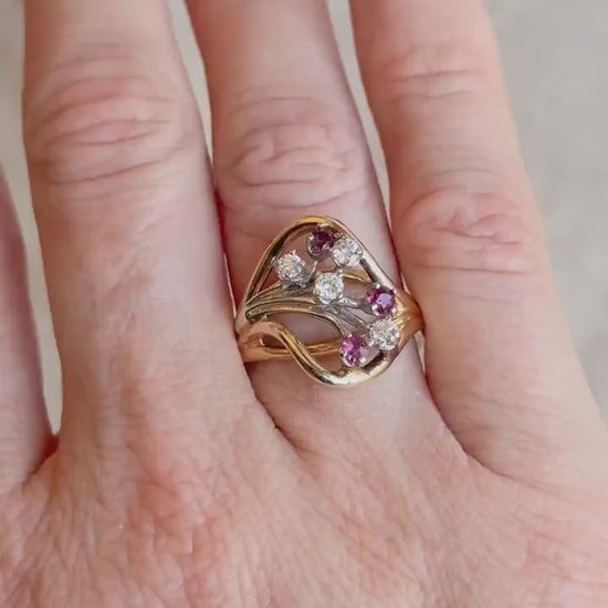 Vintage Diamond & Ruby Engagement Ring, Round Cut, 14k Gold, 1960s Cluster Bridal Ring
