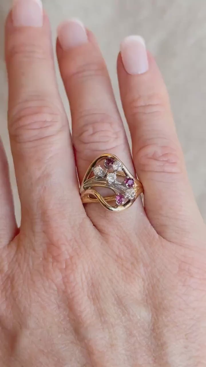 Vintage Diamond & Ruby Engagement Ring, Round Cut, 14k Gold, 1960s Cluster Bridal Ring