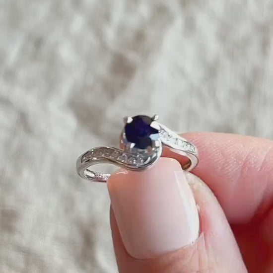 Vintage Blue Sapphire Gemstone Ring in 10k White Gold