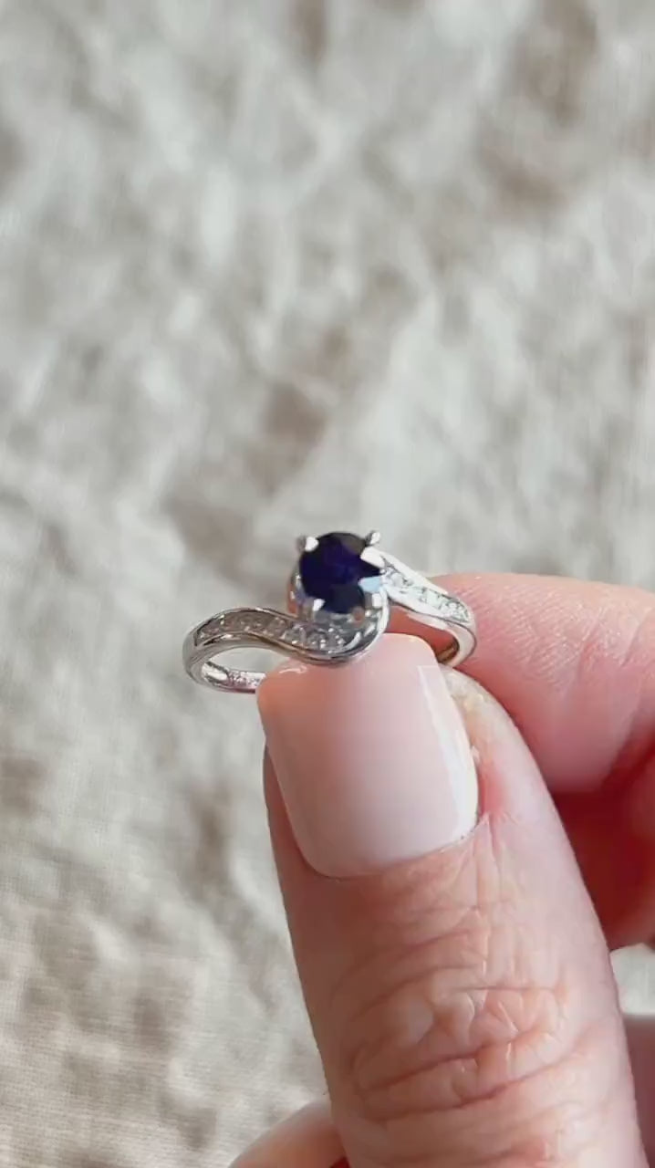 Vintage Blue Sapphire Gemstone Ring in 10k White Gold