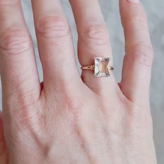 Vintage 1940s White Quartz Engagement Ring, 10k Gold Radiant Cut Gemstone Bridal Jewelry • One-of-a-kind