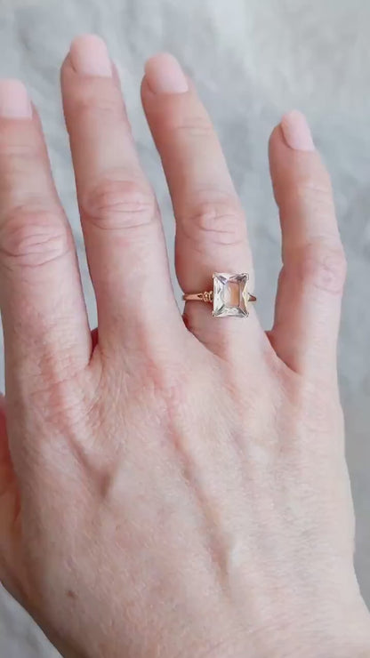 Vintage 1940s White Quartz Engagement Ring, 10k Gold Radiant Cut Gemstone Bridal Jewelry • One-of-a-kind