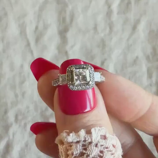 Vintage Diamond Engagement Ring, Princess Cut, 14k White Gold, 1990s Halo Three-Stone Bridal Ring