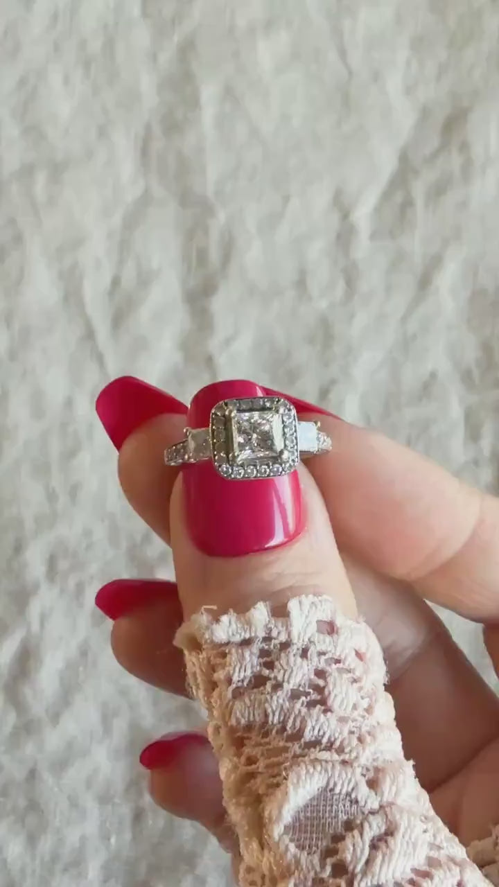 Vintage Diamond Engagement Ring, Princess Cut, 14k White Gold, 1990s Halo Three-Stone Bridal Ring