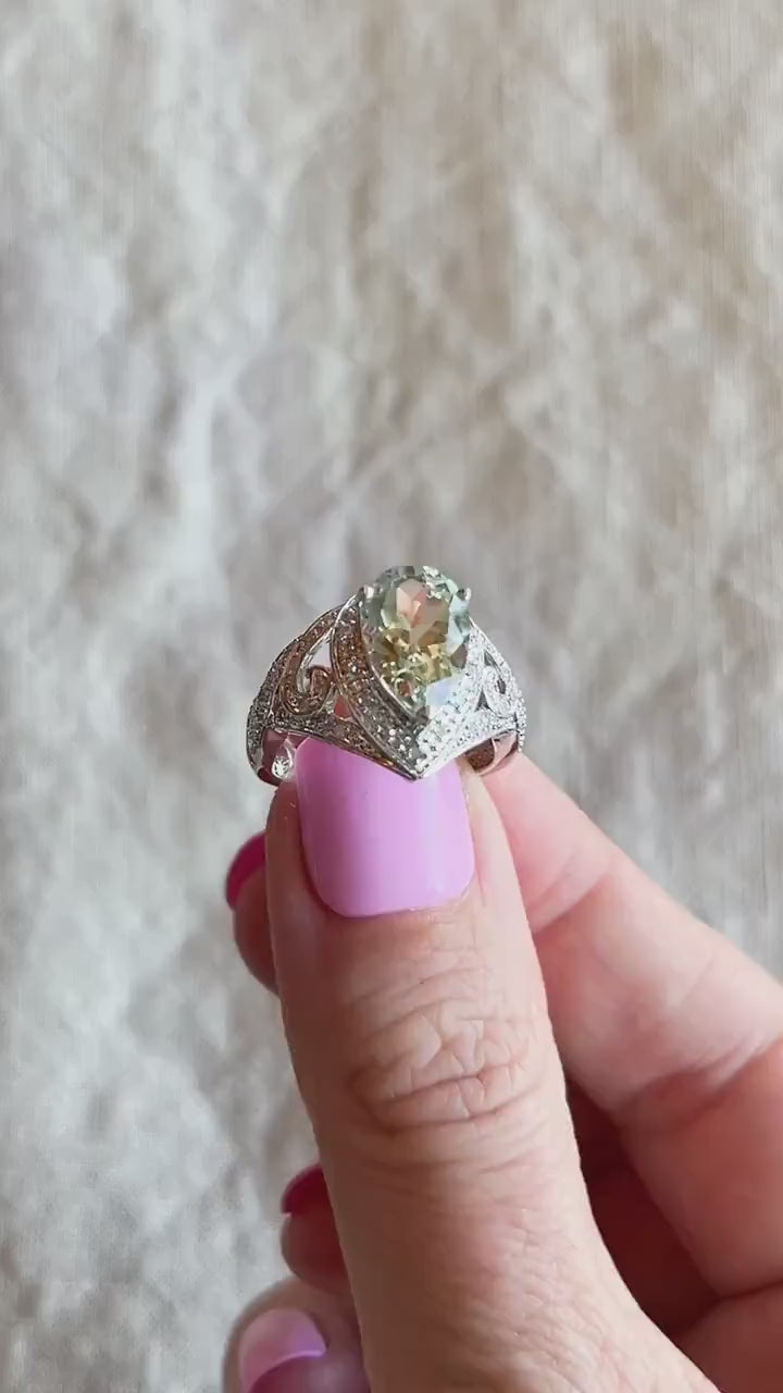 Vintage Green Prasiolite Gemstone Ring in 10k White Gold