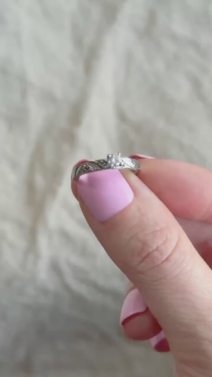 Vintage 1960s Floral Diamond Engagement Ring, 14k White Gold
