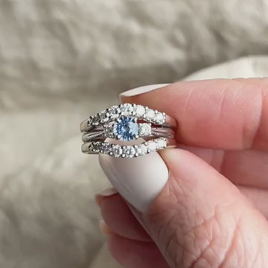 Vintage Sapphire & Diamond Engagement Ring, Round Cut, 14k White Gold, 1990s Three-Stone Bridal Set