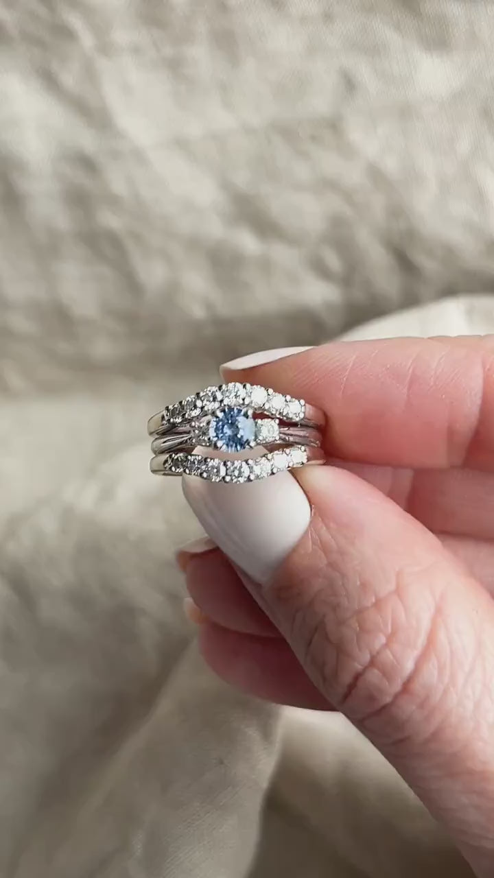 Vintage Sapphire & Diamond Engagement Ring, Round Cut, 14k White Gold, 1990s Three-Stone Bridal Set