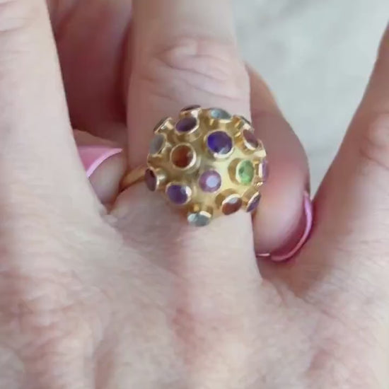 Vintage Rainbow Gemstone Disco Ball Statement Ring in 18k Gold