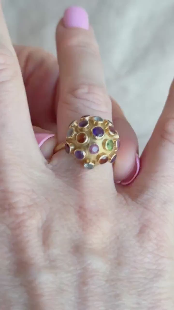 Vintage Rainbow Gemstone Disco Ball Statement Ring in 18k Gold