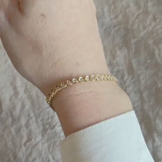 Vintage Diamond Tennis Bracelet, Round Cut, 18k Gold, 1990s Prong Enhancer Link Bracelet