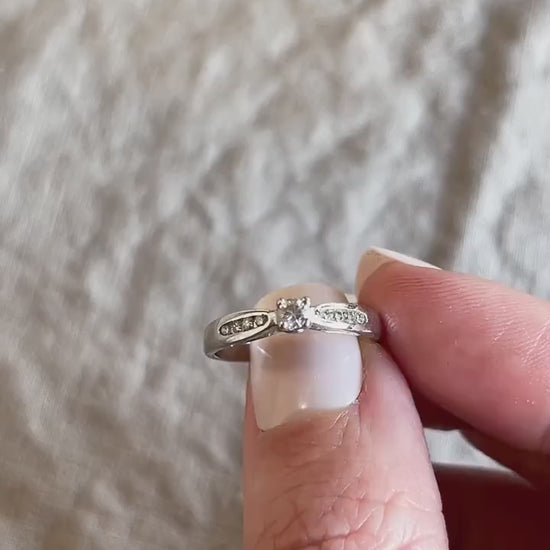 Vintage Diamond Engagement Ring, Round Cut, 10k White Gold, 1990s Channel Set Cathedral