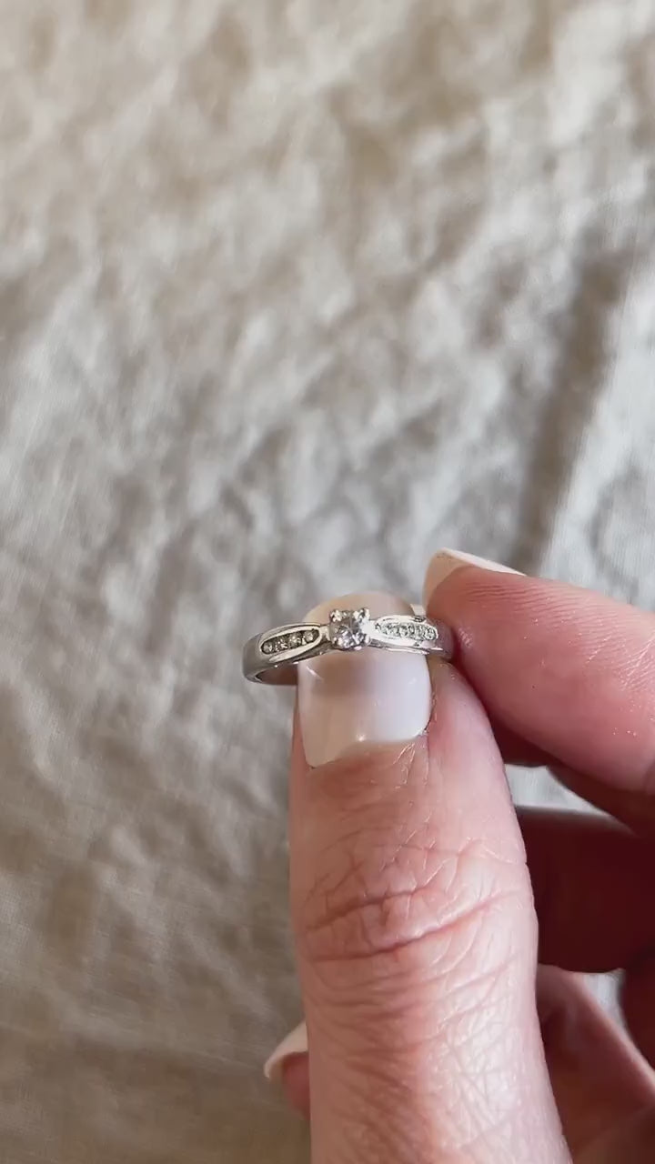 Vintage Diamond Engagement Ring, Round Cut, 10k White Gold, 1990s Channel Set Cathedral