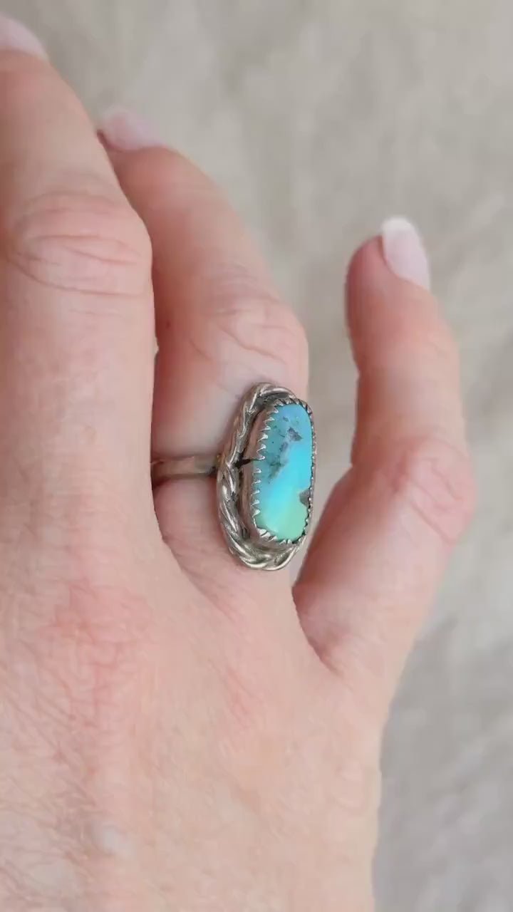 Vintage Turquoise Sterling Silver Oval Statement Ring, Boho Artisan Jewelry