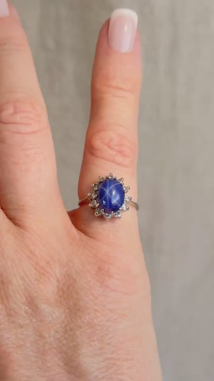 Vintage Star Sapphire and Diamond Halo Engagement Ring, Oval 14k White Gold Bridal Ring