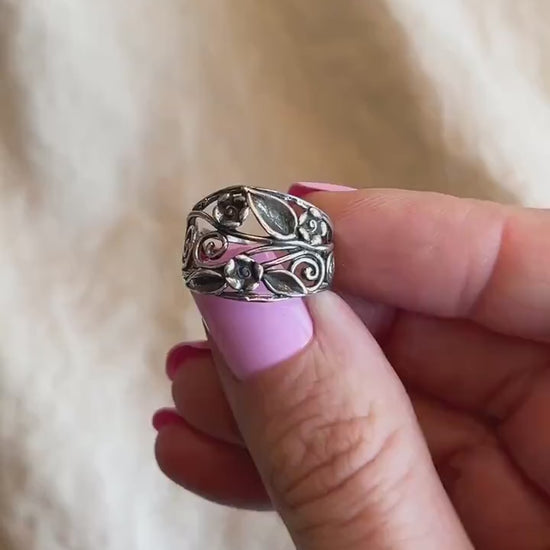 Vintage Sterling Silver Floral Scroll Band, Southwestern Inlay Ring, Boho Statement Jewelry