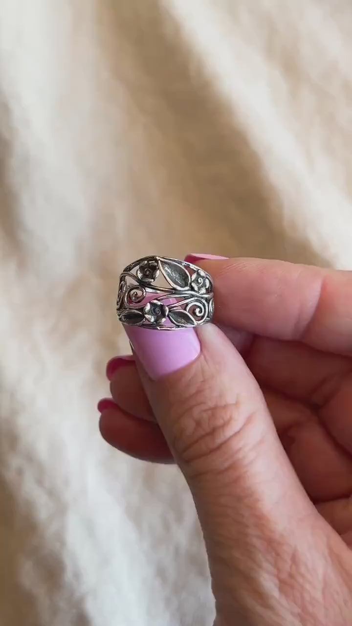 Vintage Sterling Silver Floral Scroll Band, Southwestern Inlay Ring, Boho Statement Jewelry