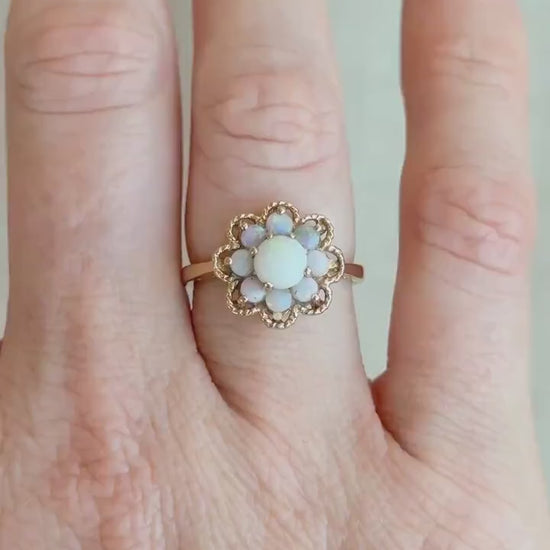 Vintage Opal Ring, 14k Gold, Round Cut Floral Halo Statement Ring, Unique Bold Jewelry