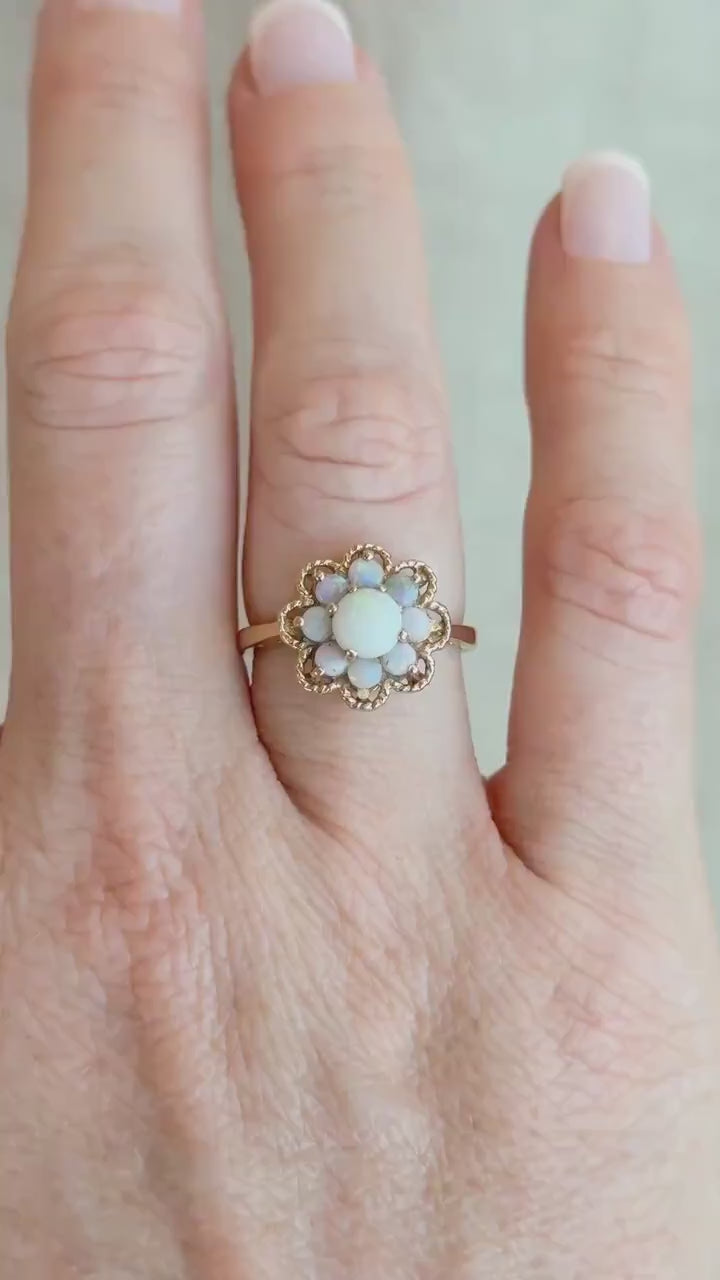 Vintage Opal Ring, 14k Gold, Round Cut Floral Halo Statement Ring, Unique Bold Jewelry